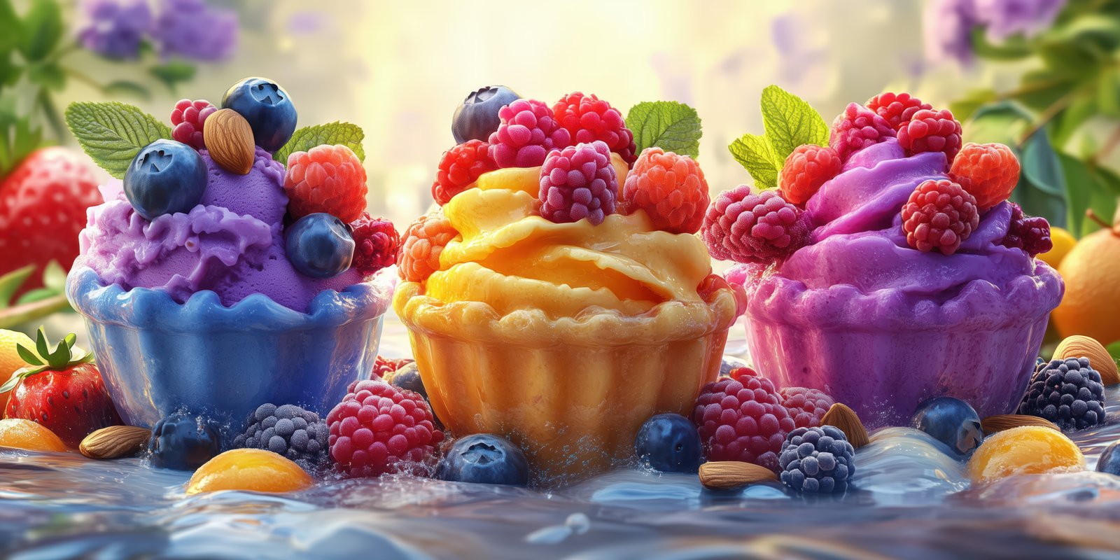 Colorful frozen dessert bowls with fresh berries and fruits on a sunlit background